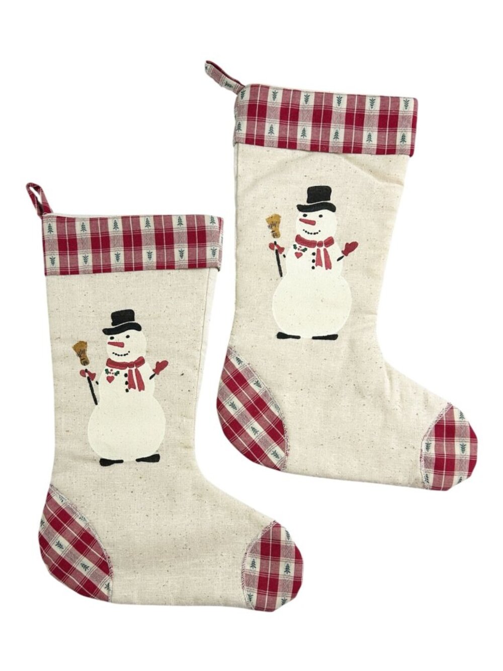 Set of 2 Burlap Snowman Farmhouse Christmas Stockings Plaid